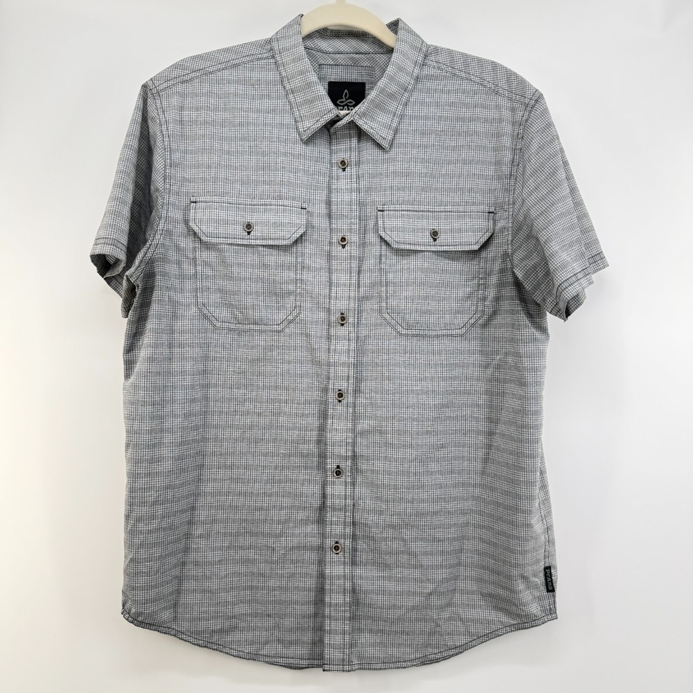 Prana Button Front Shirt Mens Size Medium Gray Plaid Outdoor Hiking Short Sleeve